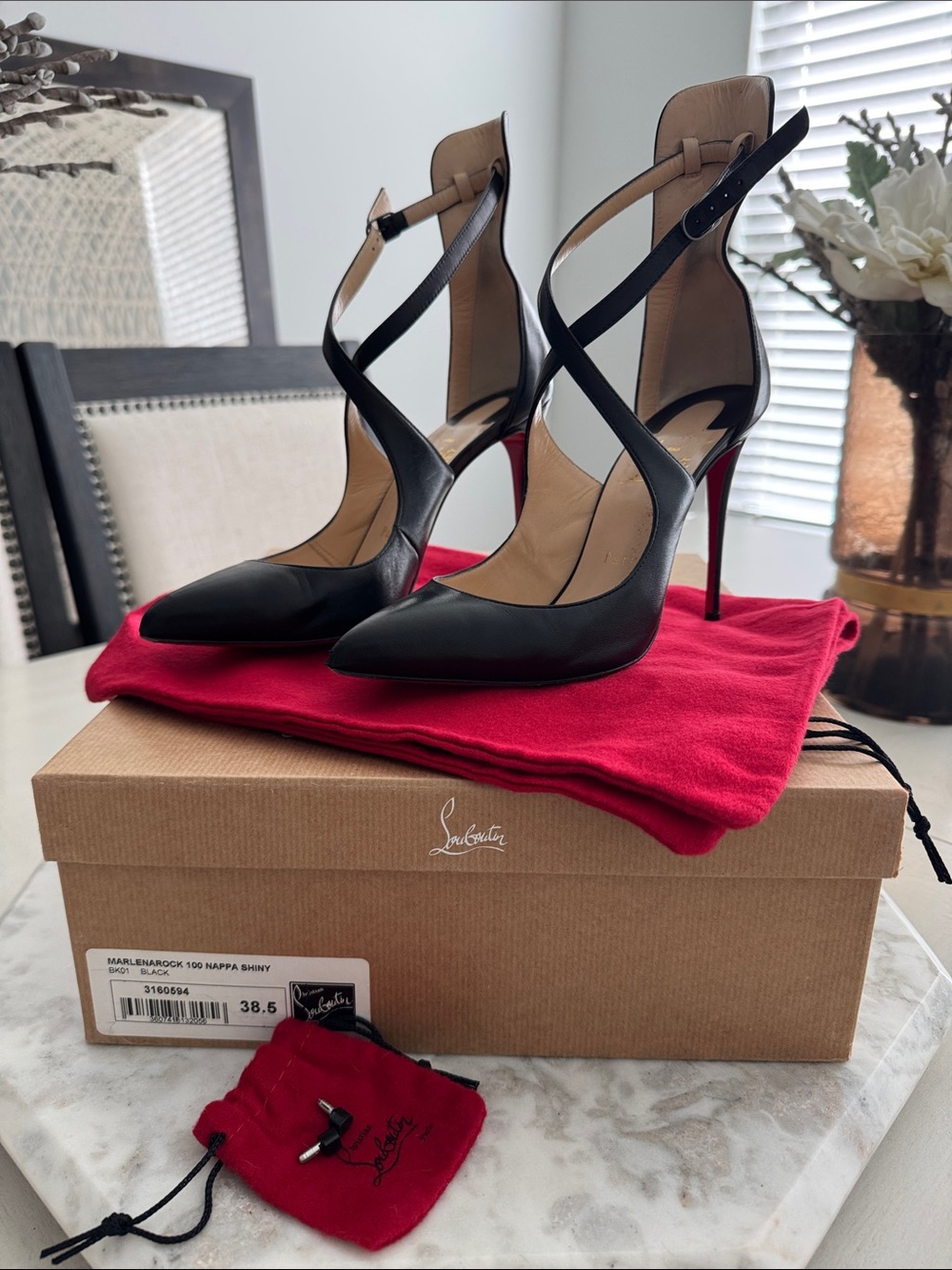 Christian Louboutin Black Leather Crisscross Strap Stiletto Pumps